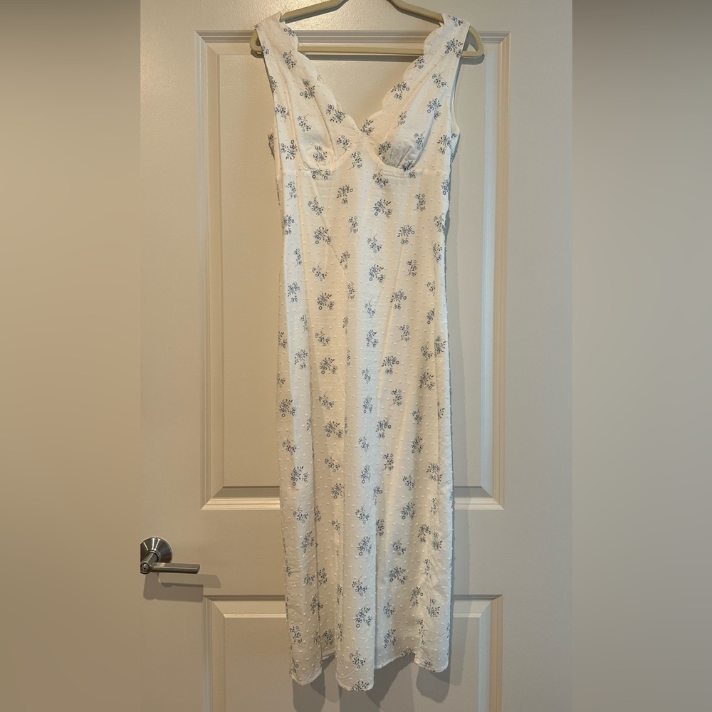 Lulus Natassa White Floral Swiss Dot Midi Dress - Size S